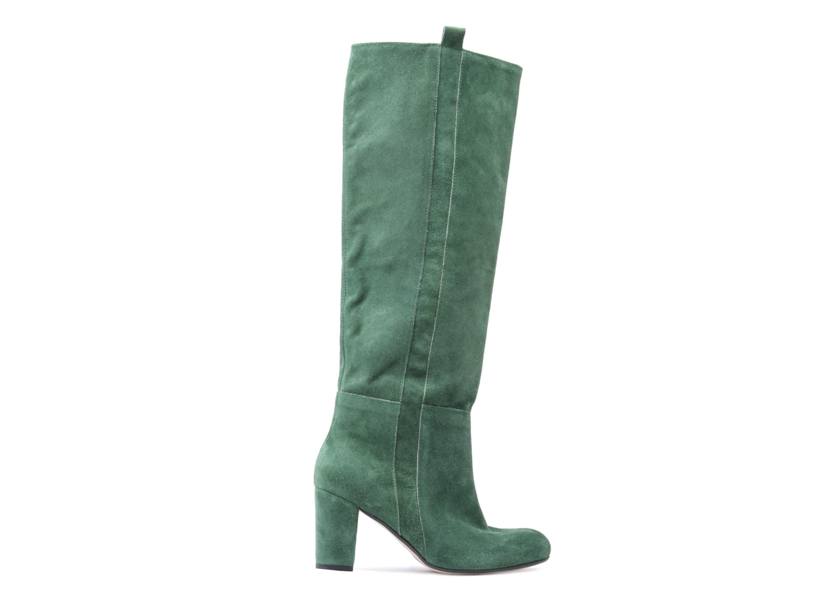 Kozaki Damskie Zielone Zamszowe za Kolano na Słupku