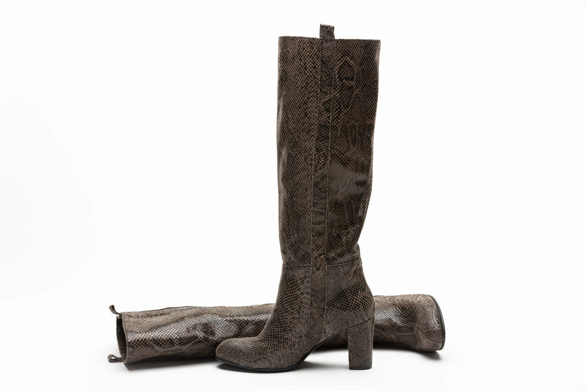 Kozaki Damskie Khaki w Wężowy Wzór za Kolano na Słupku