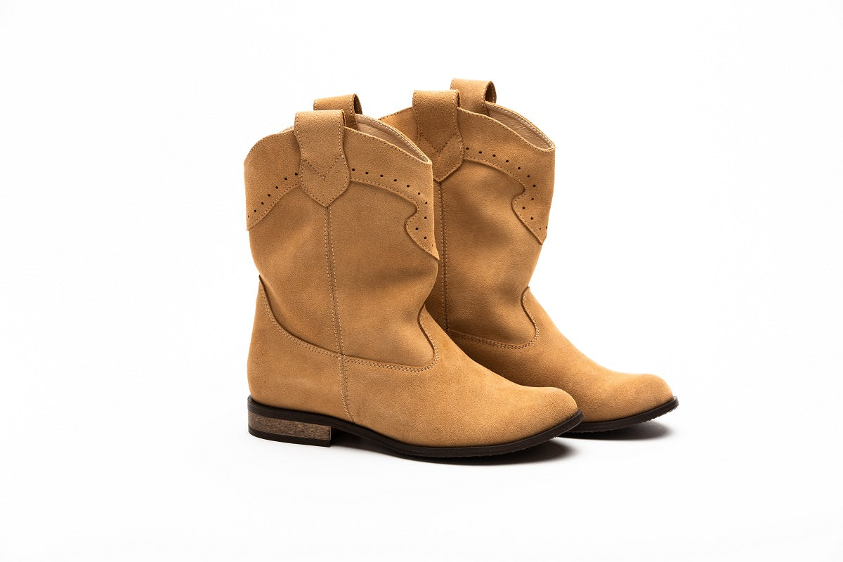 Women's Beige Suede Cowboy Boots with Flat Sole