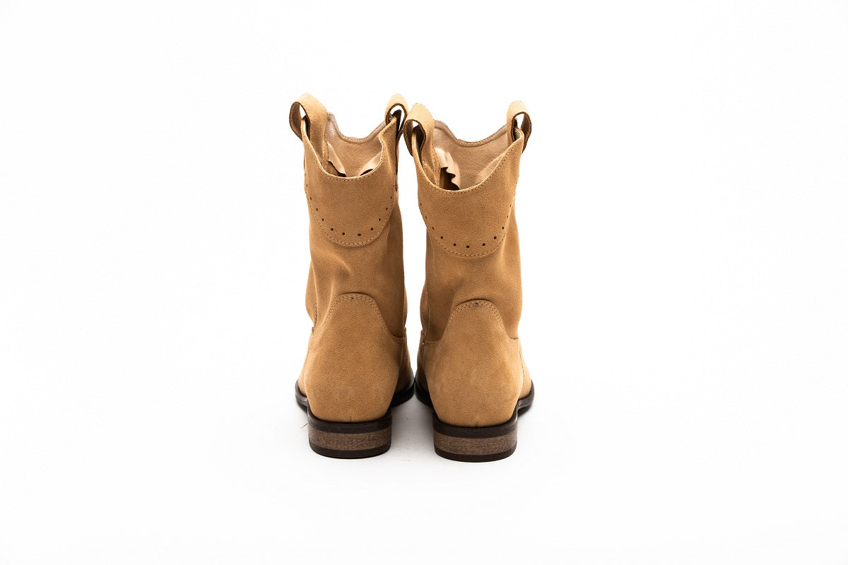 Women's Beige Suede Cowboy Boots with Flat Sole