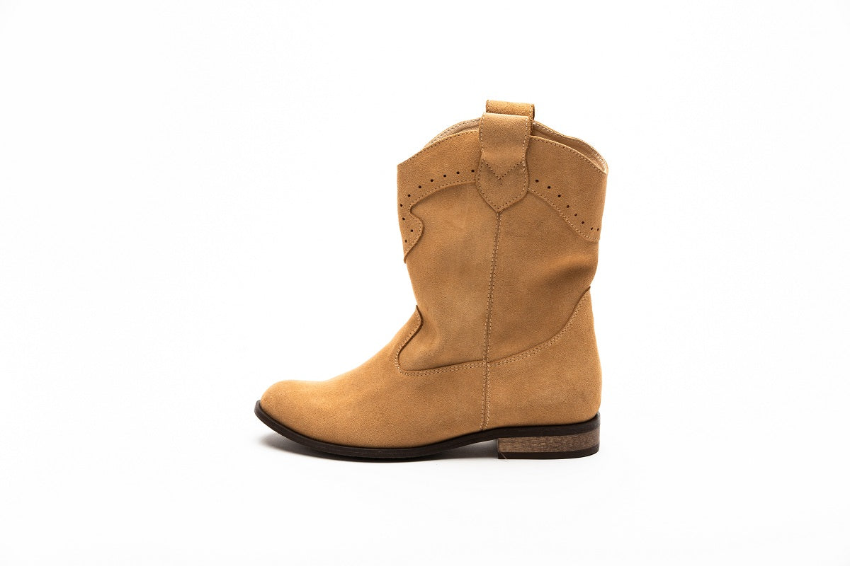 Women's Beige Suede Cowboy Boots with Flat Sole