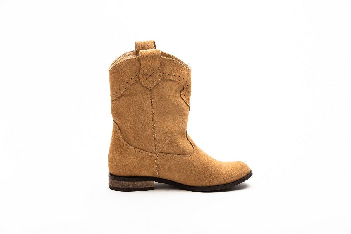 Women's Beige Suede Cowboy Boots with Flat Sole