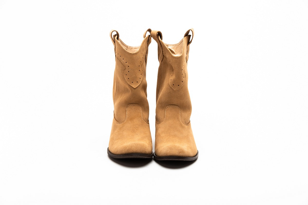 Women's Beige Suede Cowboy Boots with Flat Sole
